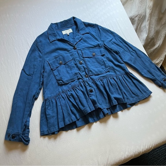 THE GREAT. Tops - THE GREAT. Blue denim button up peplum ruffle long sleeve crop top shirt jacket